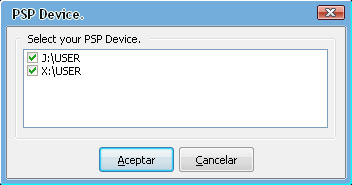 Ventana de descarga de Dispositivos PSP conectados