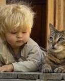 Niño junto a un gato